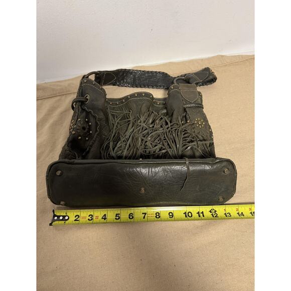 Jamie Drake Hobo Shoulder Bag Womens Olive Green Leather Drawstring Tassel Boho - Picture 12 of 14